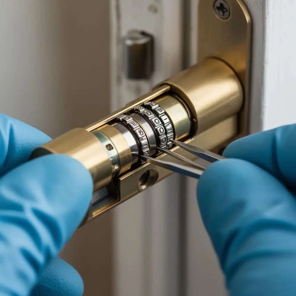 Close-up of locksmith picks inside a brass lock cylinder