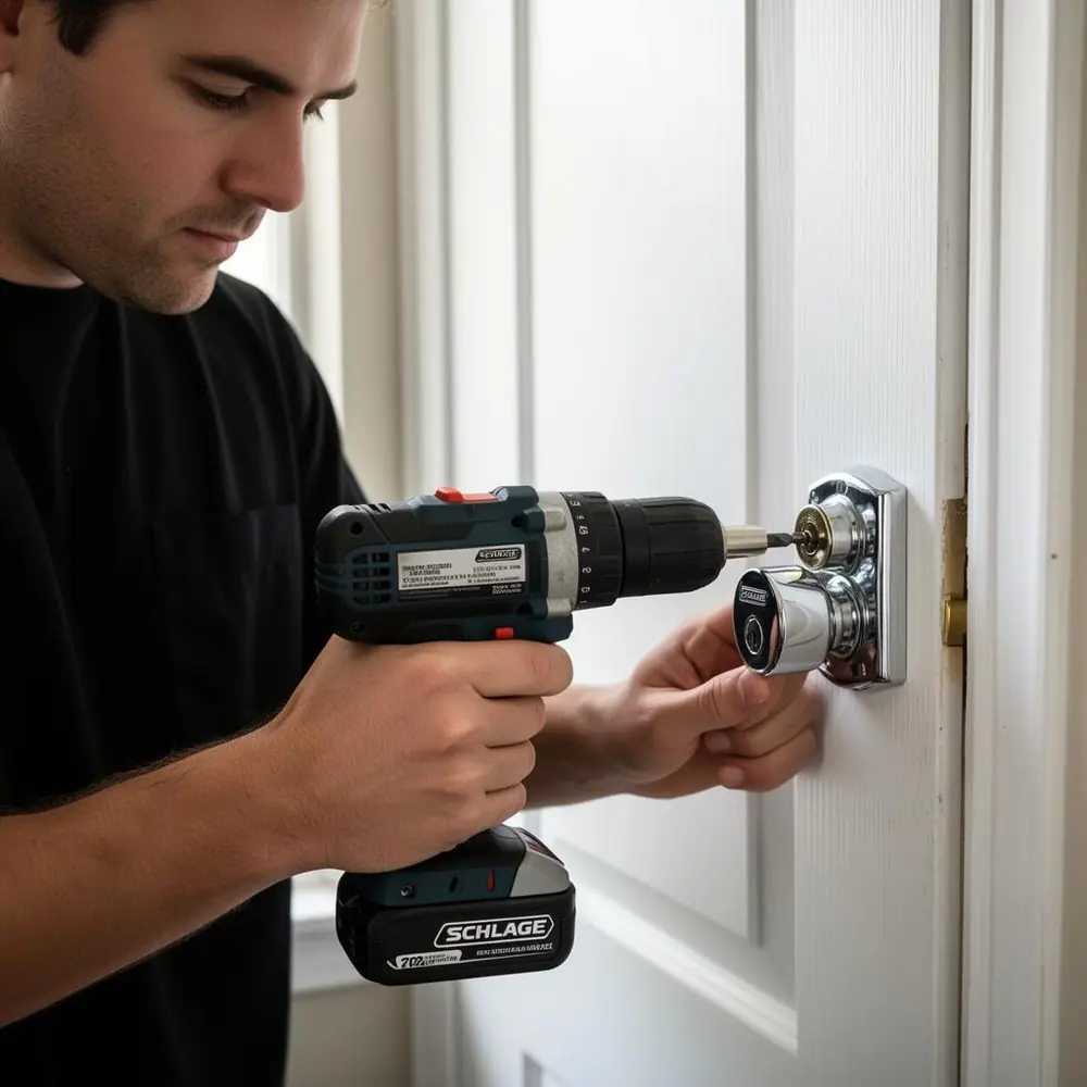 Installing a new chrome deadbolt on a residential door
