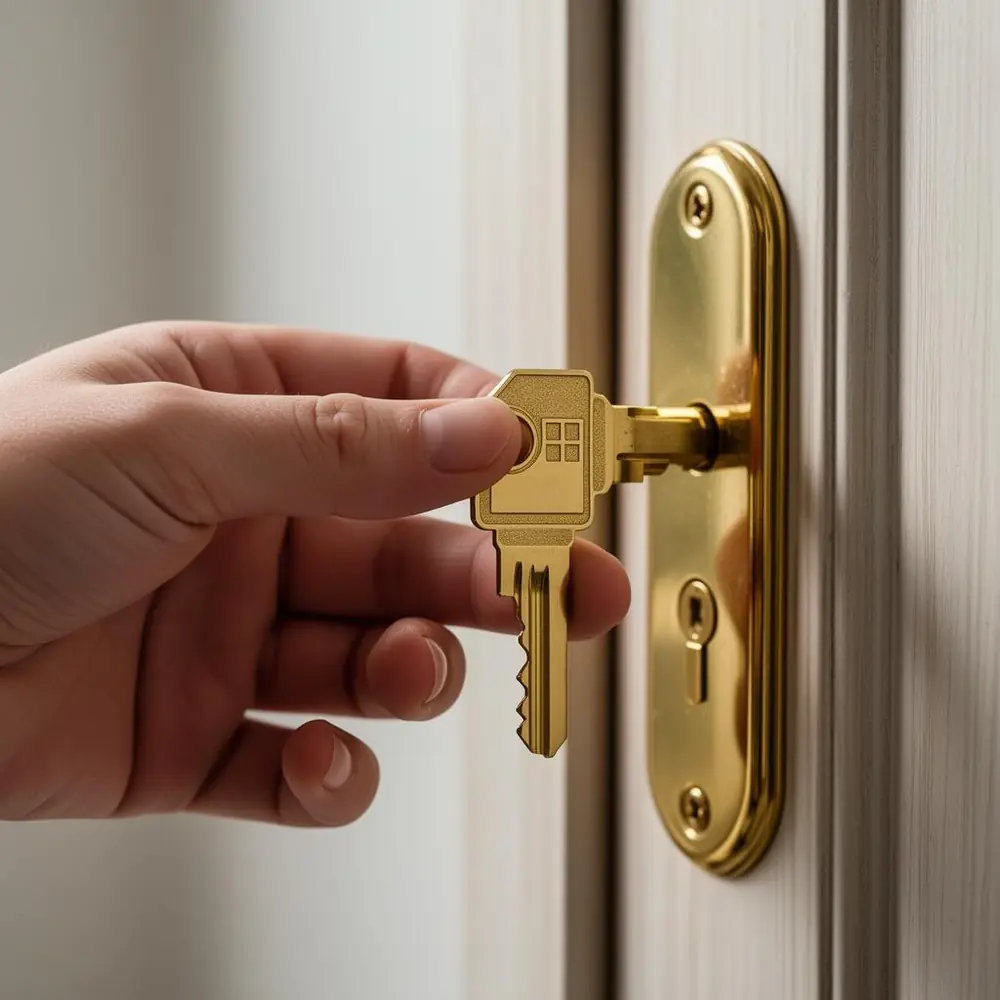 Inserting a freshly cut brass key into a door lock
