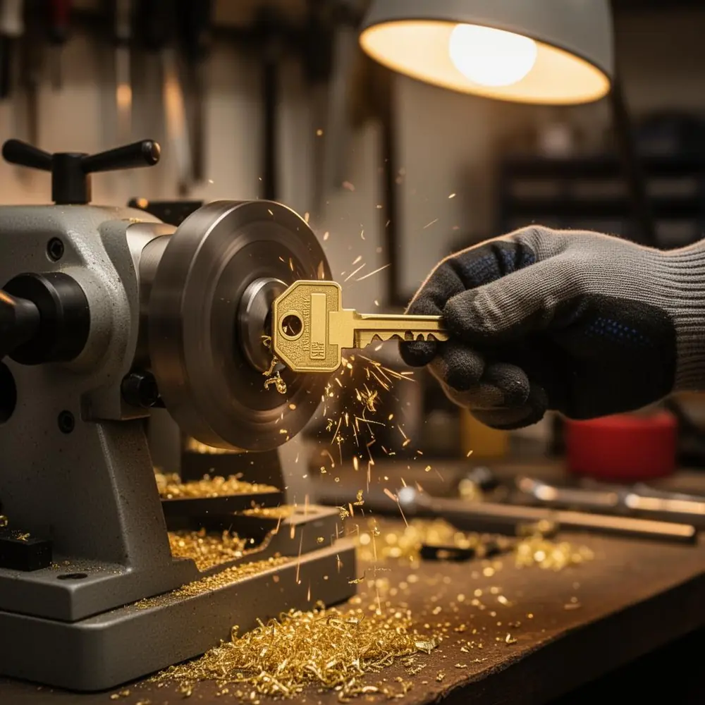 Key cutting machine duplicating a brass house key