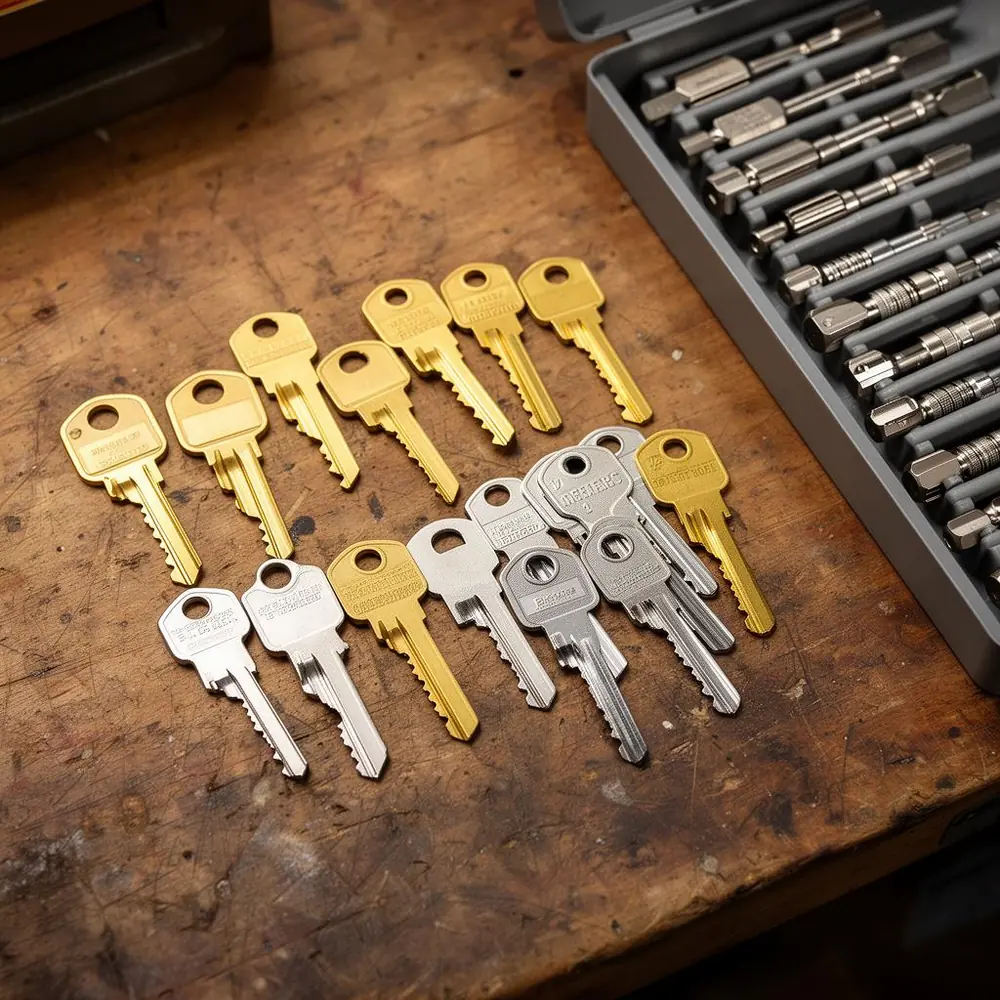 Assortment of house keys on a workbench