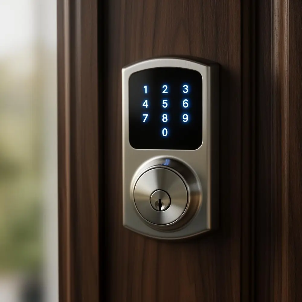 Modern smart deadbolt with glowing touchscreen keypad