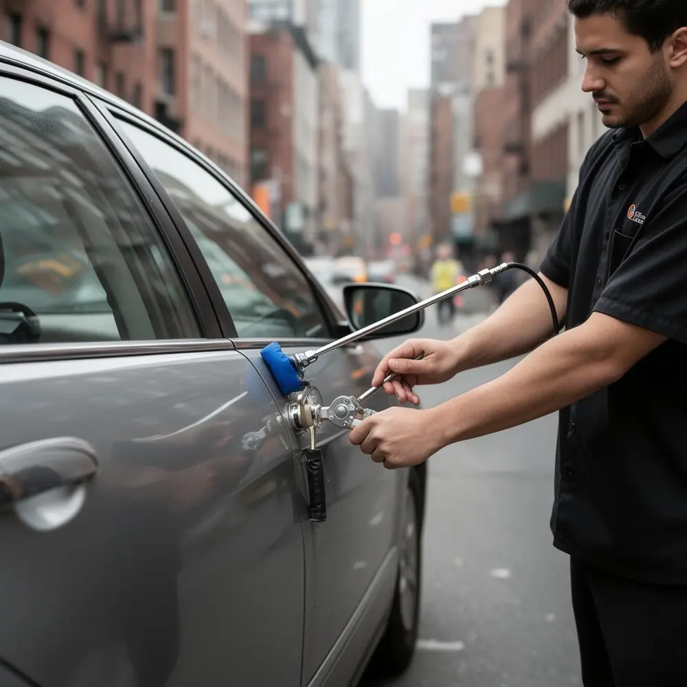 Locksmith unlocking a car door on a NYC street