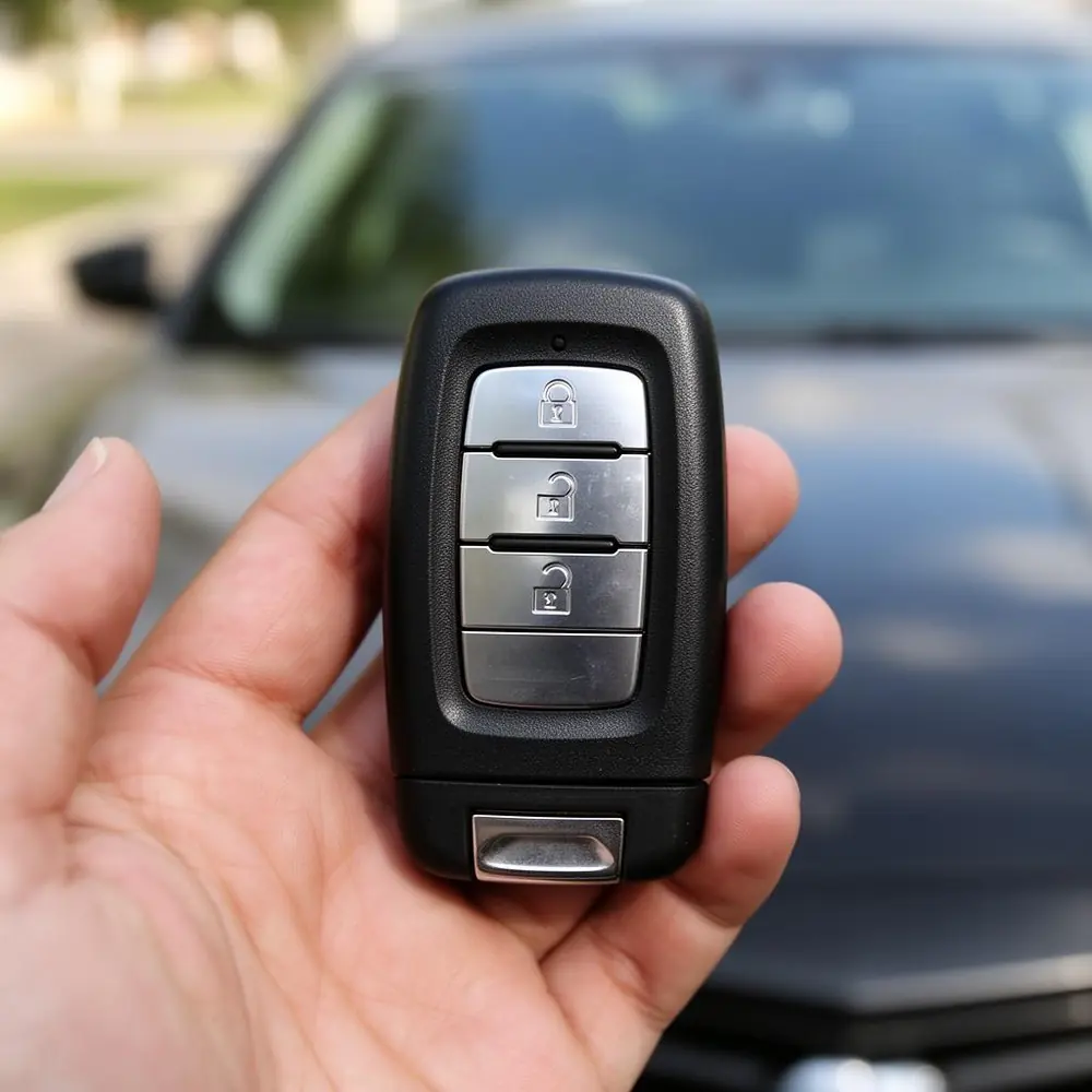 Modern car key fob held in front of a vehicle