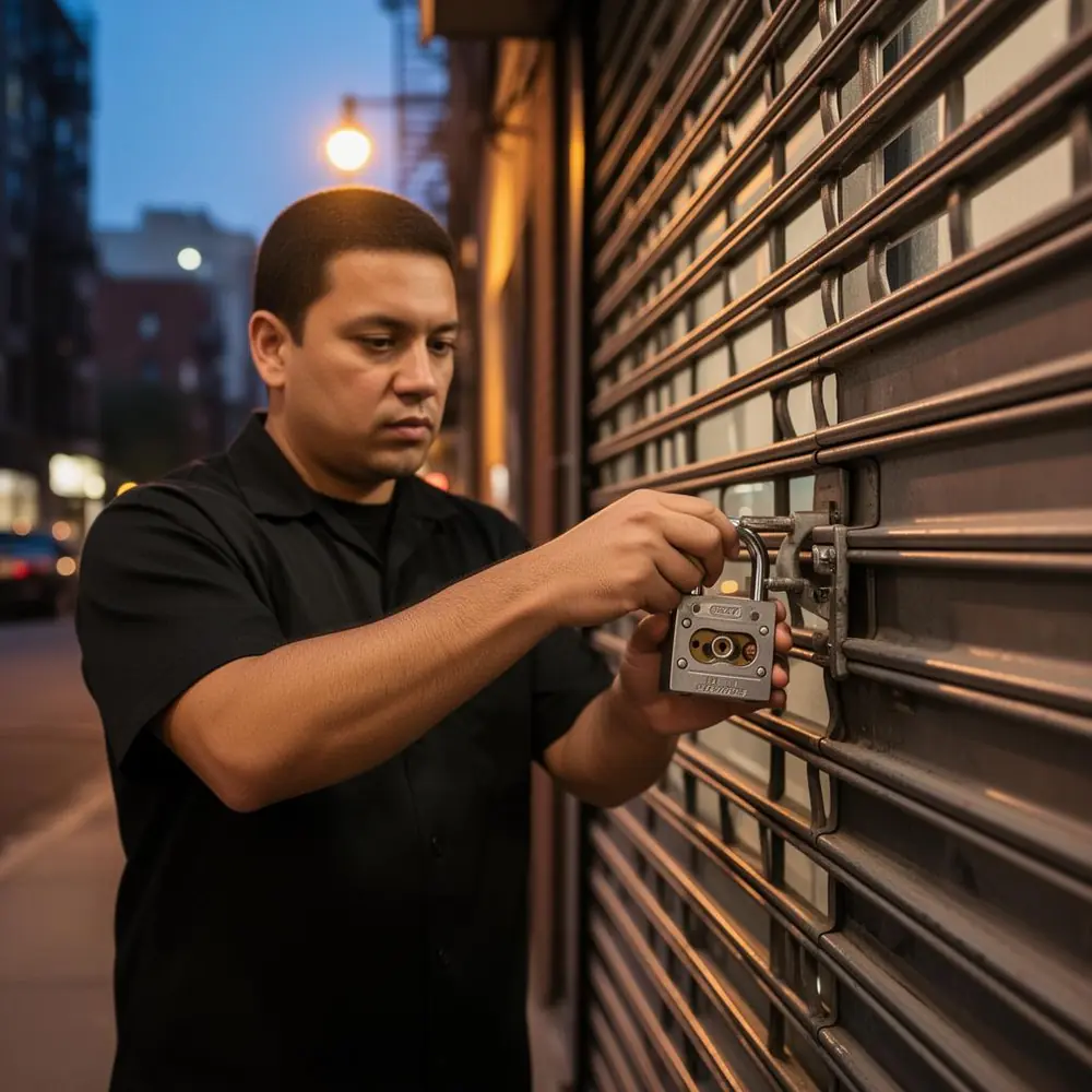 Securing a padlock on a NYC storefront roll-down gate