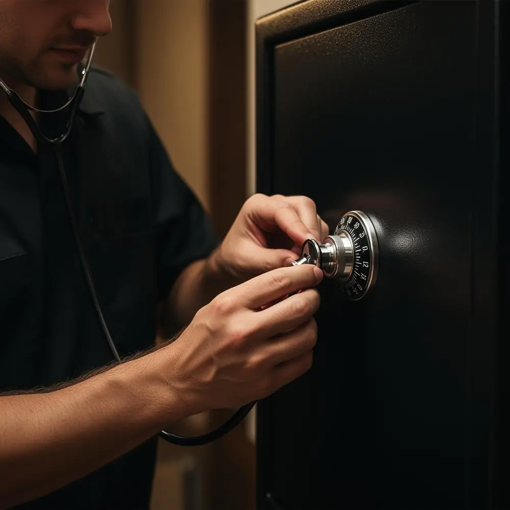 Locksmith manipulating a safe dial with a stethoscope