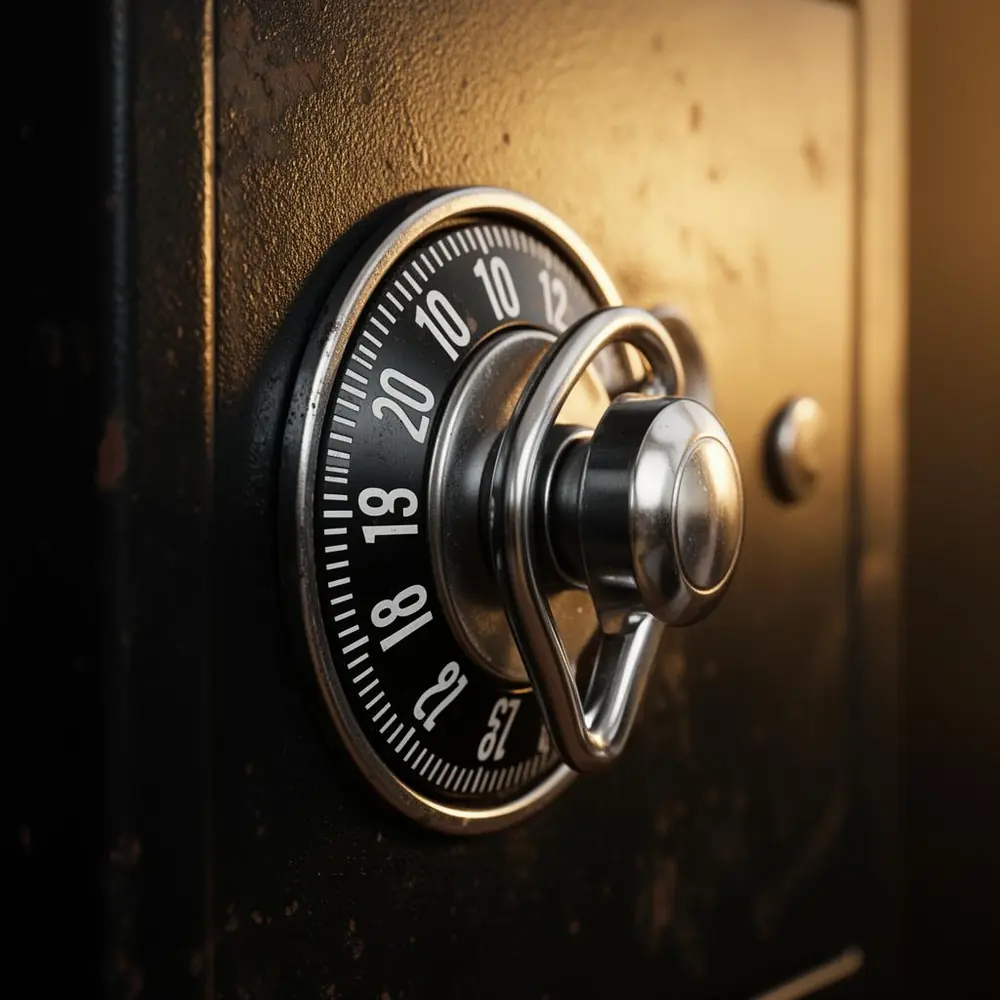 Close-up of a vintage combination safe dial