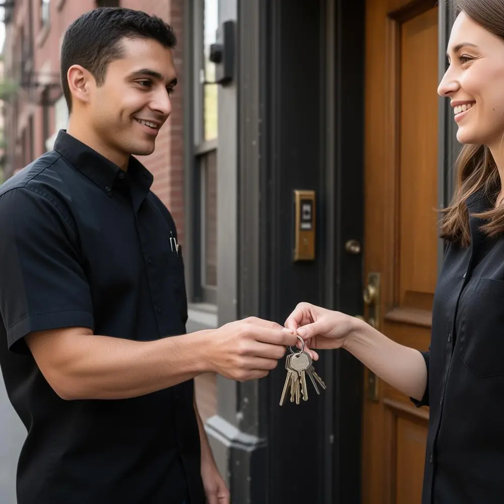 Locksmith handing new keys to a customer