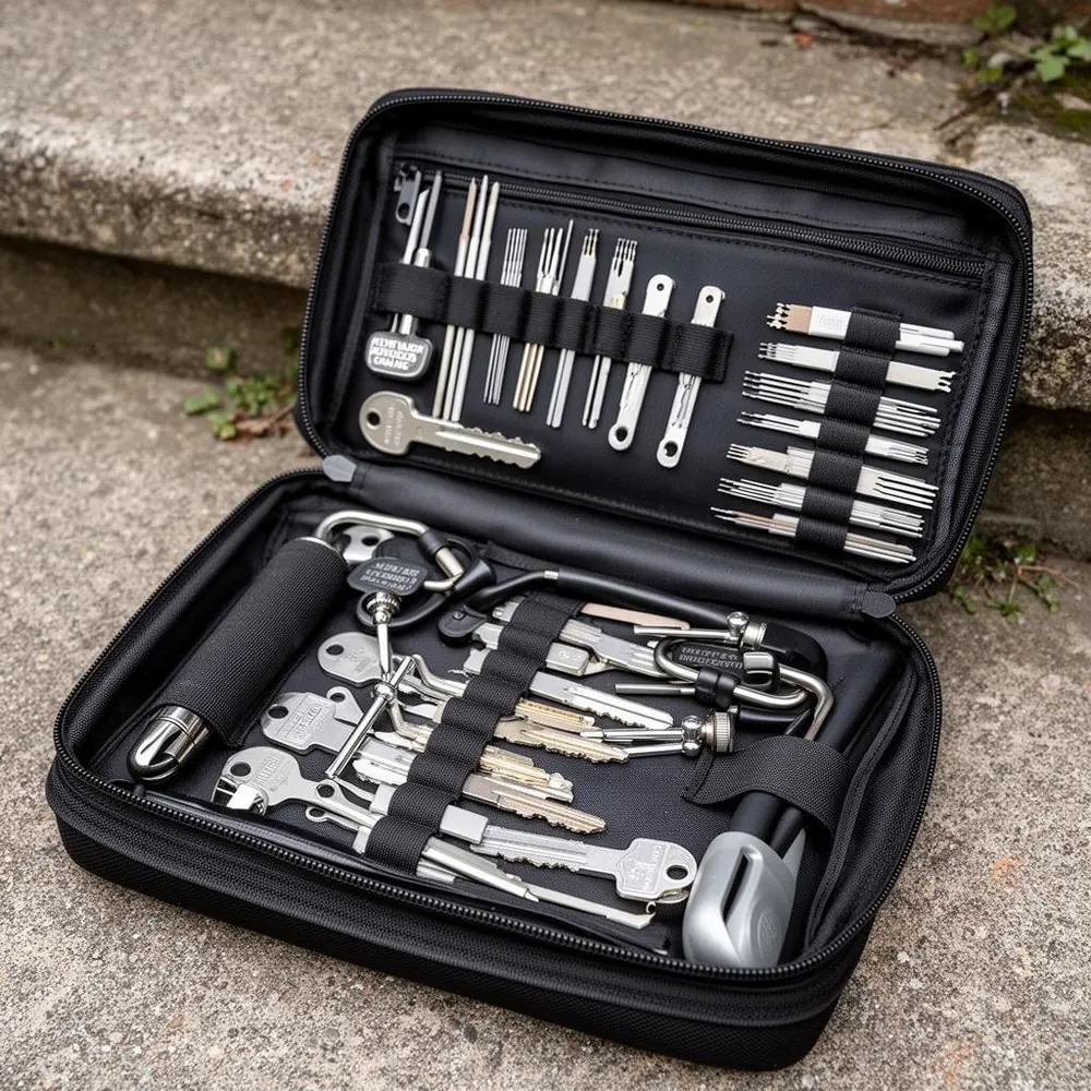 Open locksmith tool case with picks and key blanks