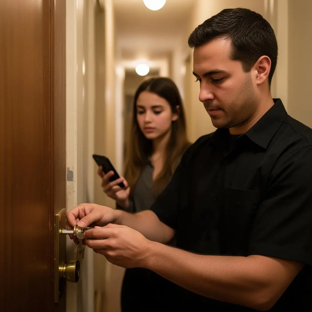 Locksmith helping a tenant locked out of her apartment