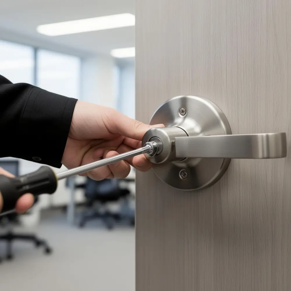 Installing a brushed nickel lever handle on an office door
