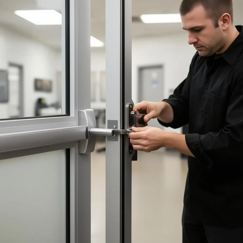 Installing a panic exit bar on a commercial double door