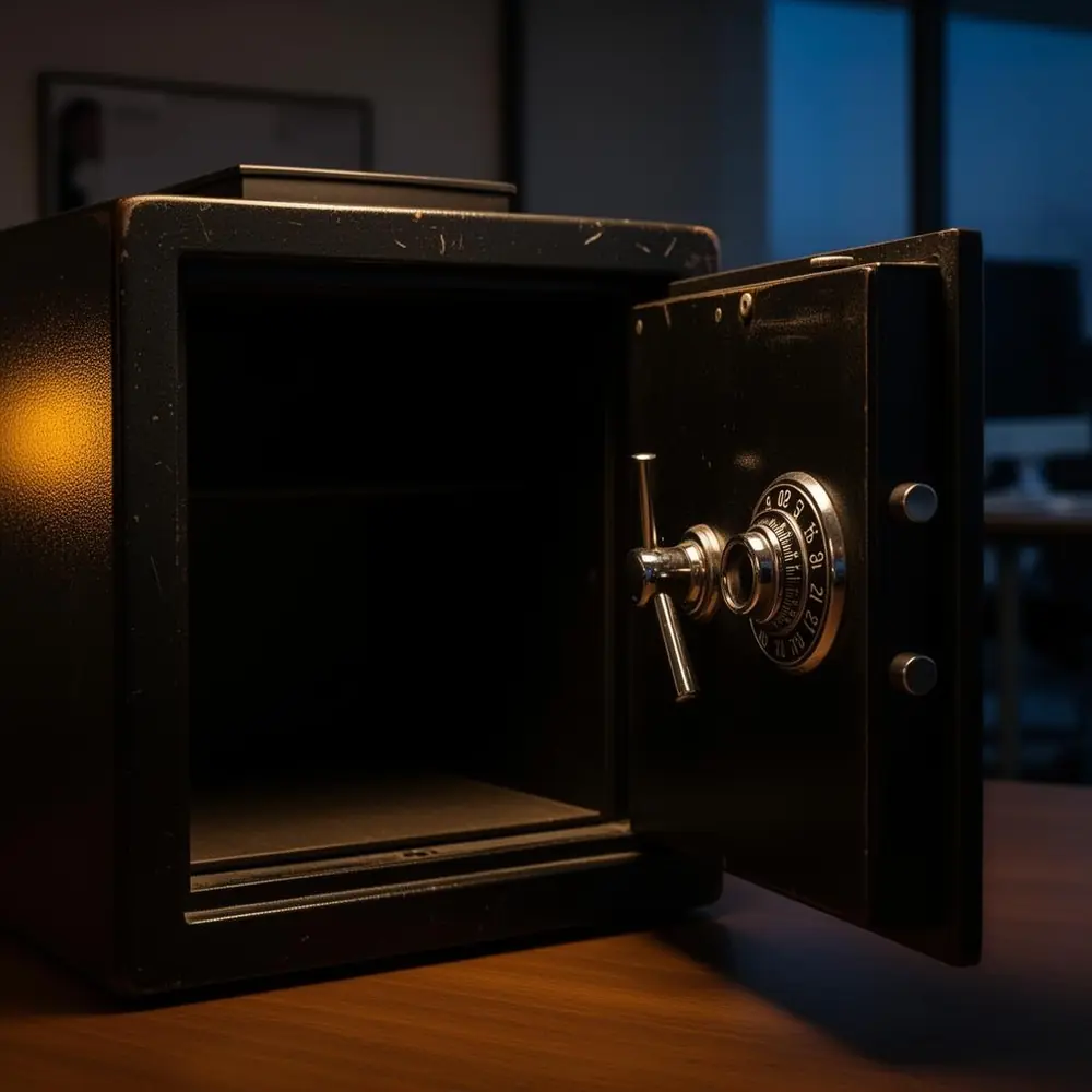 Open floor safe with empty interior in a dim office