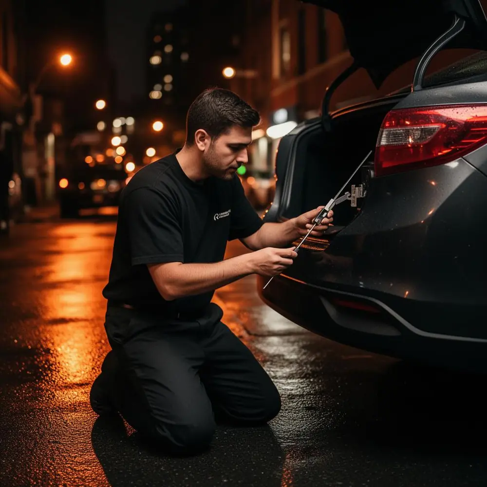 Locksmith opening a car trunk on a wet NYC street at night