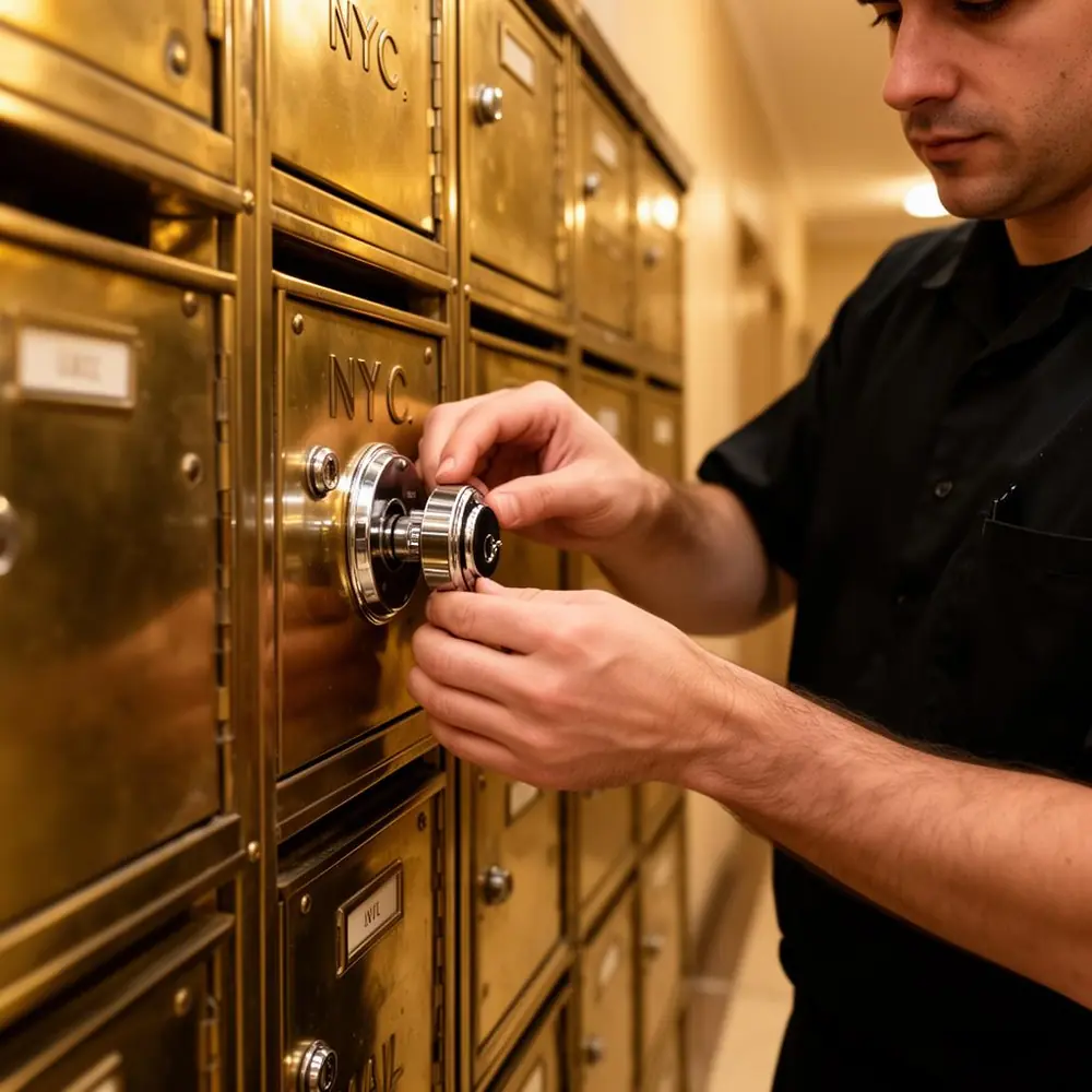 Installing a chrome mailbox lock on a brass NYC mailbox row