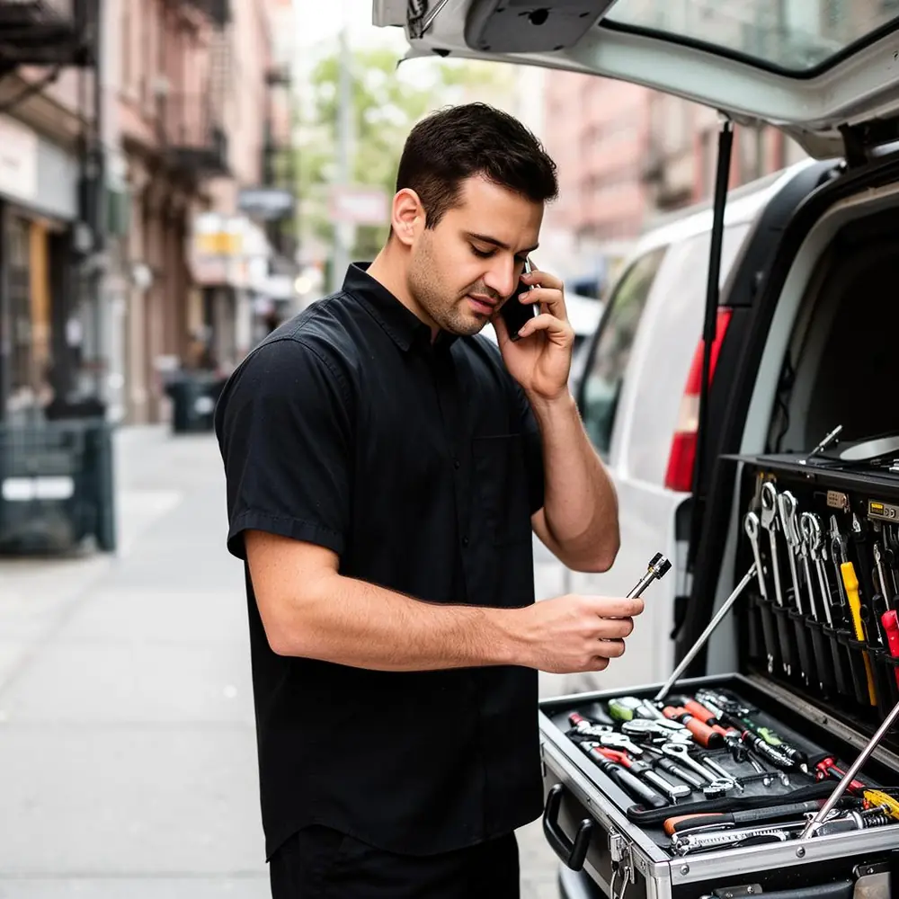 Locksmith taking a call beside an open van toolkit