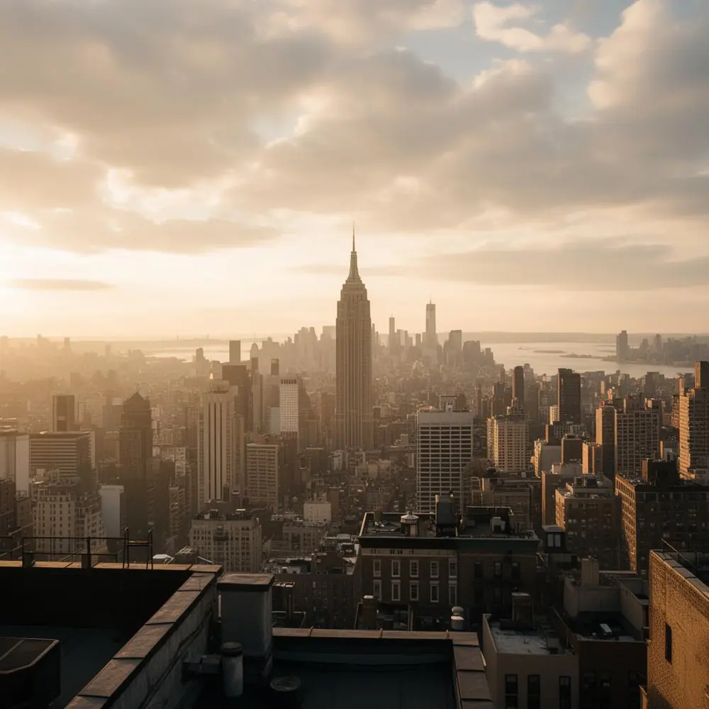 Manhattan skyline at golden hour from a Brooklyn rooftop